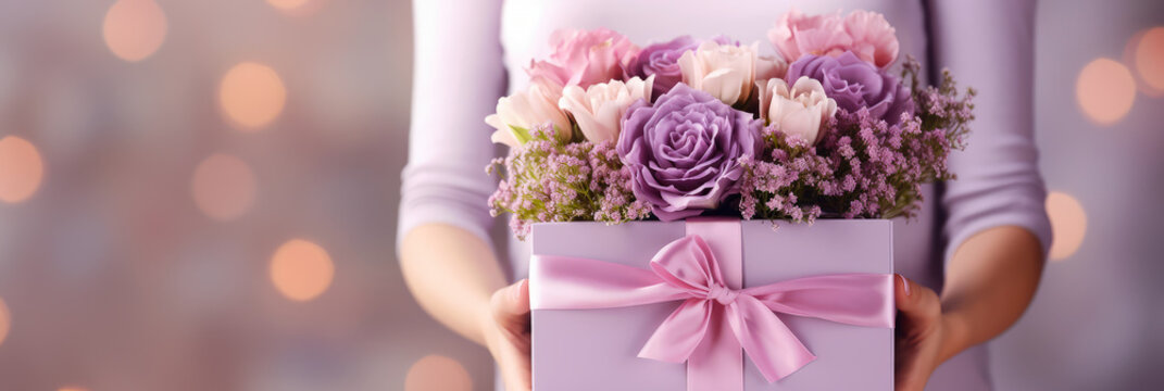 Woman with bouquet of beautiful roses in gift box on blurred background, closeup. Happy Mother's Day or Happy Women's day, birthday card or banner.