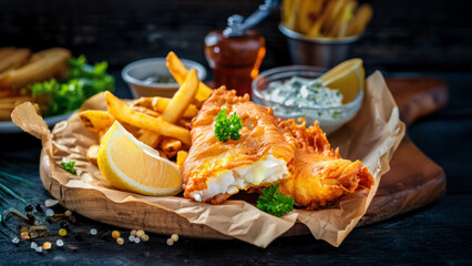 Wall Mural - Delicious fish and chips on a wooden table, Crispy fish in beer batter, Fish and chip served up at a old rustice english pub restaurant.