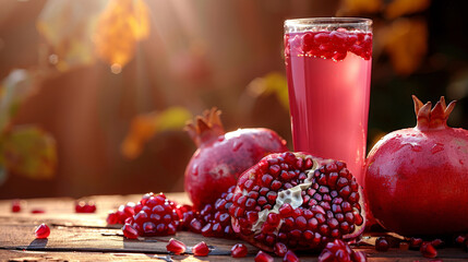 Poster - A glass of red pomegranate juice sits on a wooden table next to a whole pomegranate and a half pomegranate, with seeds scattered around, all illuminated by the warm glow of the setting sun