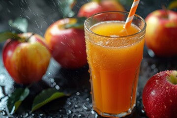 Wall Mural - A glass of orange juice with a straw and apples in the background