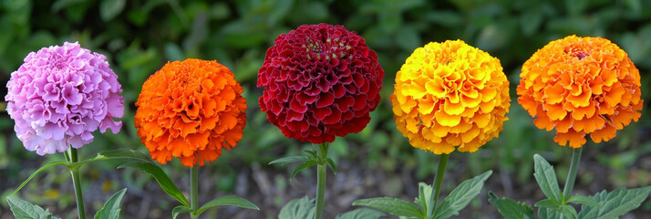 Poster - A row of variously colored flowers blooming in a well-manicured garden, creating a vibrant and lively display of natures beauty