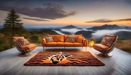 Wall Mural - Alfombra tufting con cara de tigre, decoración man cave, salón de lujo con decoración extravagante
