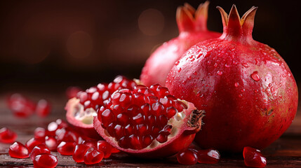 Wall Mural - A close-up of red pomegranates, one partially open, with seeds scattered on a wooden table