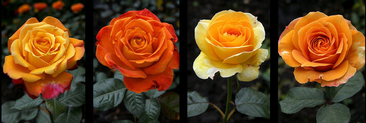Poster - Four vibrant orange roses are elegantly arranged in a straight line on a solid black background, showcasing their rich color and delicate petals