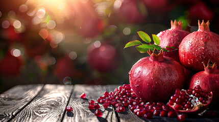 Poster - Fresh pomegranates are displayed on a rustic wooden table, showcasing their vibrant red color and juicy seeds. The fruits are neatly arranged, creating an appealing visual of natures bounty