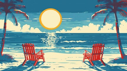 A beach scene with two red chairs facing the ocean