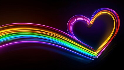 Poster - A neon rainbow heart-shaped trail on a black background, symbolizing the magic of love Generative AI