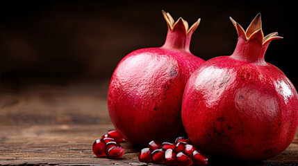 Poster - Two ripe red pomegranates sitting on a rustic wooden table