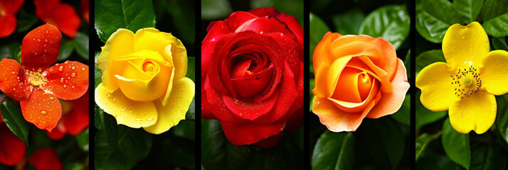 Poster - Multiple vibrant roses arranged in a straight line on a lush green backdrop