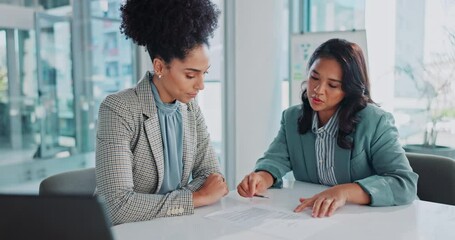 Canvas Print - Businesswoman, meeting and job contract in office with onboarding recruitment, agreement or investing. Female people, paperwork and welcome hiring as financial advisor, signature or collaboration