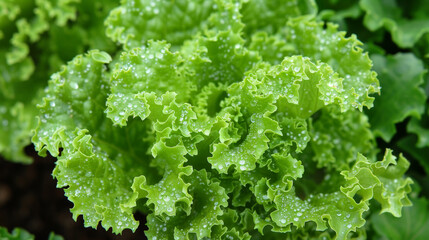 Poster - Detailed view of a lettuce plant featuring water droplets on its leaves, highlighting the vibrant green color and natural patterns