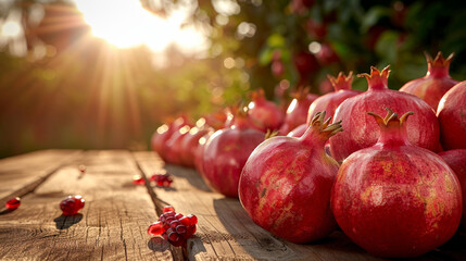 Poster - A row of bright red pomegranates sits on a weathered wooden table, bathed in the warm glow of afternoon sunlight