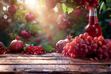 Poster - Fresh pomegranate and grapes arranged on a rustic wooden table, showcasing vibrant colors and textures