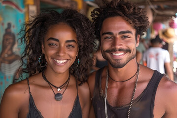 A man and a woman are smiling in front of a colorful painted wall, looking happy and cheerful