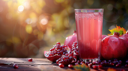 Aufkleber - Fresh pomegranate juice and whole pomegranates displayed on a rustic wooden table