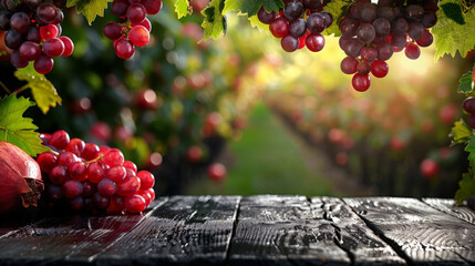 Poster - A bunch of ripe grapes and a whole pomegranate arranged neatly on a rustic wooden table. The deep purple grapes contrast with the ruby-red pomegranate, creating a vivid display of fresh fruits