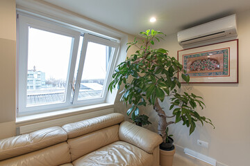 Poster - A simple living room with a cozy couch and a potted plant placed against a white wall