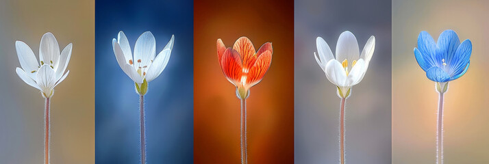 Poster - vibrant flowers of different colors - red, yellow, purple, and white - are neatly arranged in a row, showcasing a beautiful contrast of hues in a botanical garden