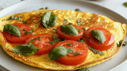 Poster - A freshly cooked omelette featuring ripe tomatoes and fragrant basil leaves displayed on a white plate