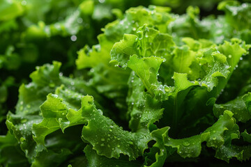 Poster - Detailed view of lettuce leaves with water droplets on them, showcasing freshness and hydration
