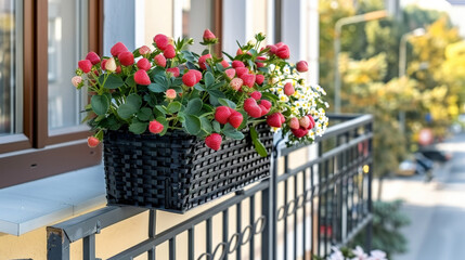 Poster - A balcony adorned with vibrant red flowers blooming in a wicker basket hanging against a railing. The flowers add a pop of color to the outdoor space