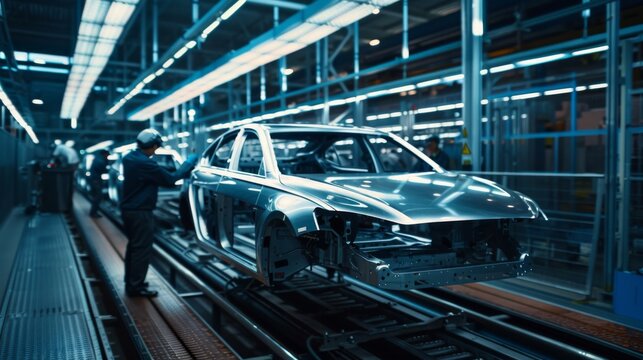 car factory conveyor workers assembling cars