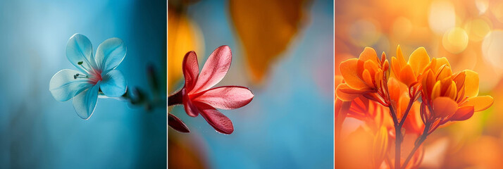 Aufkleber - Three distinct flowers, each showcasing unique colors and shapes, are displayed against a vibrant blue backdrop