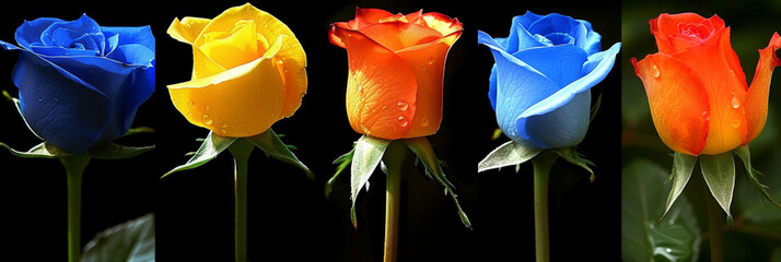 Poster - A row of vibrant and colorful roses set against a stark black background, showcasing their beauty and diversity