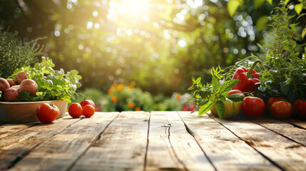 Poster - A wooden table showcasing a variety of fresh vegetables such as tomatoes, cucumbers, carrots, and bell peppers