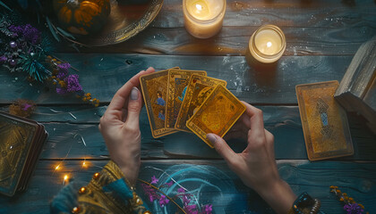 Woman using tarot cards at table, top view. Astrological predictions