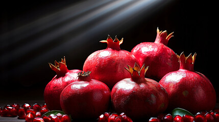 Aufkleber - Ripe pomegranates illuminated by a light on a dark background, showcasing their vibrant red seeds and shiny skin