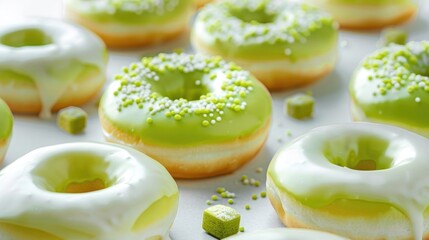 Sticker - Large and mini doughnuts adorned in vibrant green hues and topped with creamy white icing are the perfect treat for special occasions