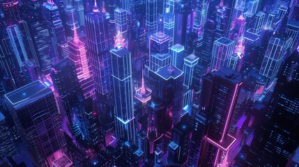 Wall Mural - Aerial view of a city at night, buildings forming geometric patterns with their lights, serene blue and purple tones, Futuristic, 3D Rendering