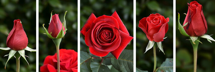 Poster - red roses are neatly arranged in a row on a lush green background, creating a striking contrast in colors