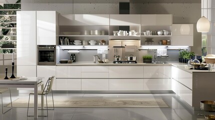 Wall Mural - a modern kitchen, featuring an oven, a minimalist grey and white color scheme, and soft lighting, from a variety of angles to highlight its minimalist design.