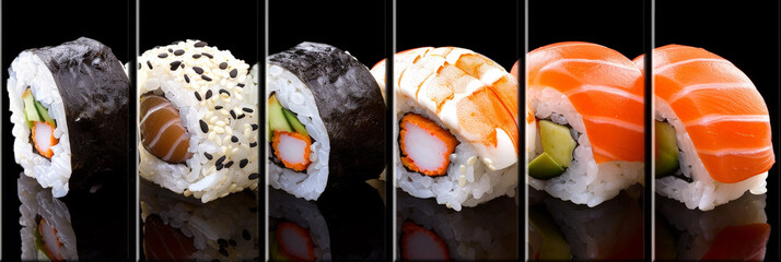 Sticker - A neatly arranged row of assorted sushi pieces on a black background, showcasing a variety of colors, shapes, and textures