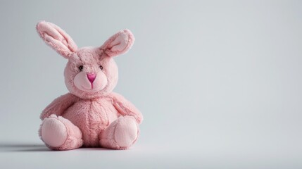 Wall Mural - A cute pink bunny plush toy stands alone against a clean white backdrop It s a soft and delightful stuffed rabbit perfect for Easter celebrations featuring traits akin to both the Easter Bu