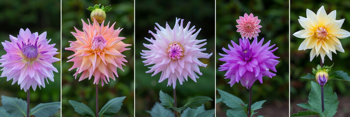 Poster - Six dahlia flowers, each a different color, arranged neatly in a straight line