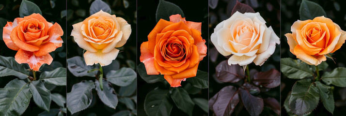 Poster - A row of vibrant orange and white roses displayed against a dark black background
