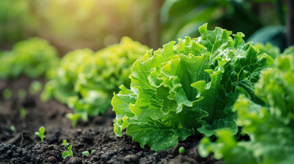 Poster - Green lettuce plants are thriving in a garden, showcasing their vibrant leaves and growth process