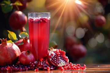 Aufkleber - Display of fresh pomegranates and a glass of pomegranate juice on a wooden table