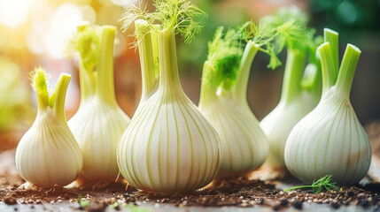 Wall Mural - A cluster of fennel plants growing in the soil, with green feathery leaves and tall stems reaching towards the sky