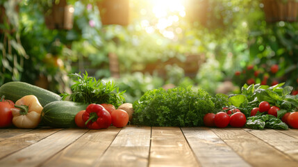 Poster - Assorted fresh vegetables like tomatoes, carrots, bell peppers, and lettuce arranged on a wooden table, ready for cooking or meal preparation