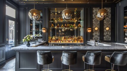 Poster - A modern black bar with tall stools arranged around it, illuminated by a hanging chandelier, creating an elegant ambiance.