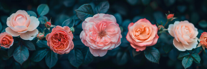 Poster - A straight row of pink roses stands out against a dark background, showcasing their vibrant color and delicate petals