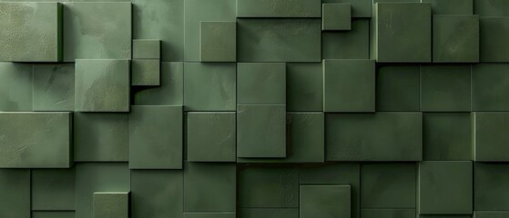 Poster - Abstract geometric army green 3d texture wall with squares and square cubes background banner illustration, textured wallpaper