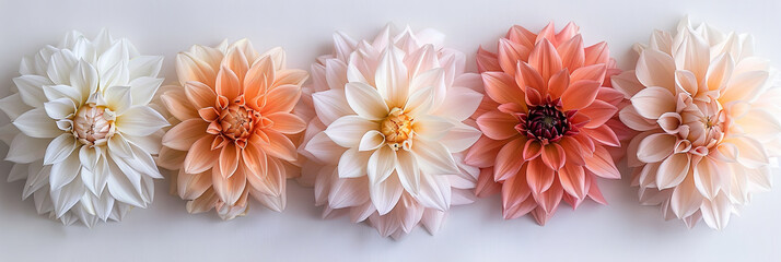 Poster - A straight line of vibrant dahlia flowers arranged neatly on a clean white tabletop