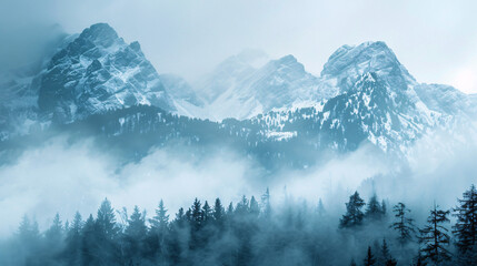   Frosty mountain and forest scene. A picturesque scene of a frosty mountain and forest, creating a serene winter landscape..