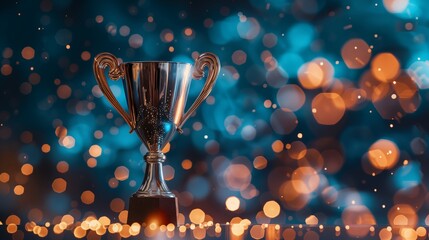 Trophy shines against bokeh background, emphasizing success amid a dazzling array of out-of-focus lights, creating a visually captivating and celebratory scene.