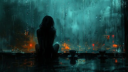 Contemplative Silhouette in a Rainy Cityscape